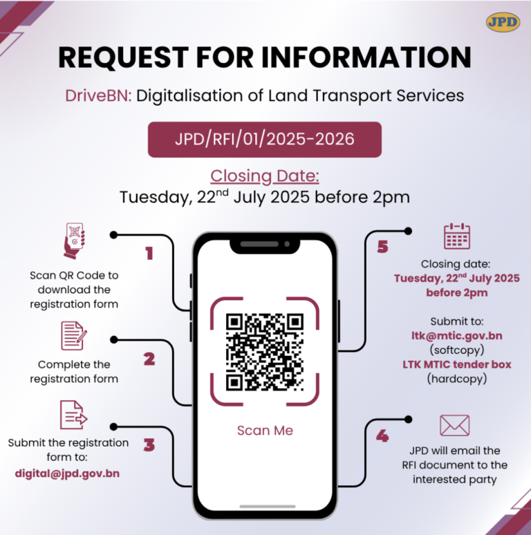 Isnin, 12 Zulhijjah 1446H | 12 Jun 2025M – REQUEST FOR INFORMATION (RFI) BAGI PROJEK DRIVEBN: DIGITALISATION OF LAND TRANSPORT